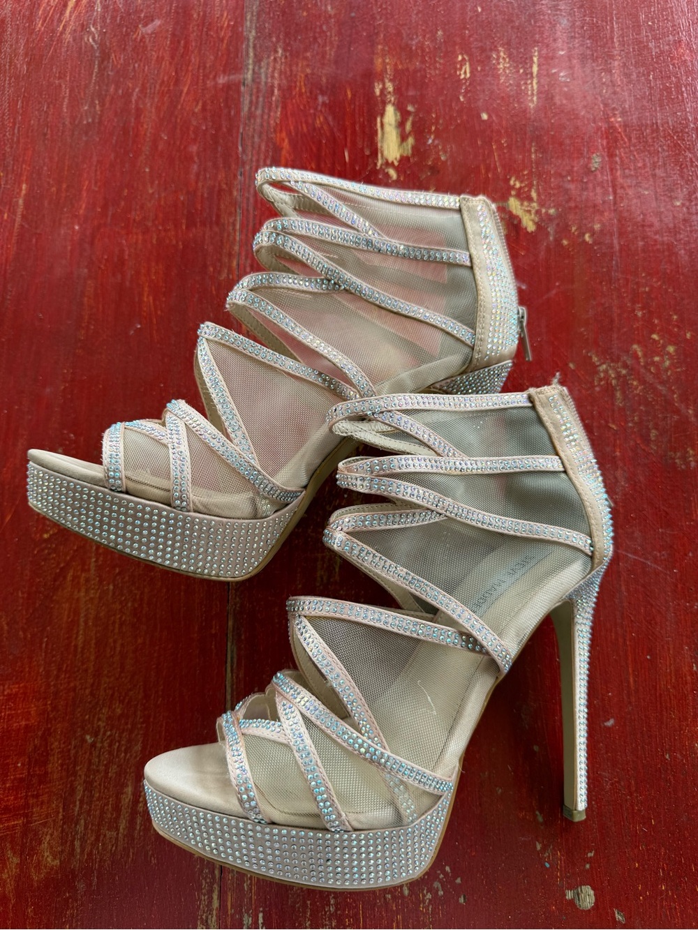 Steve Madden Nude/Rose Gold Rhinestone Strappy Platform Heels (wear once)
